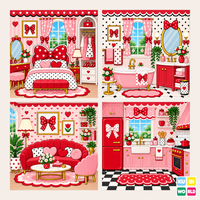 Red Polka-Dot Dollhouse Backdrop - four-scene board